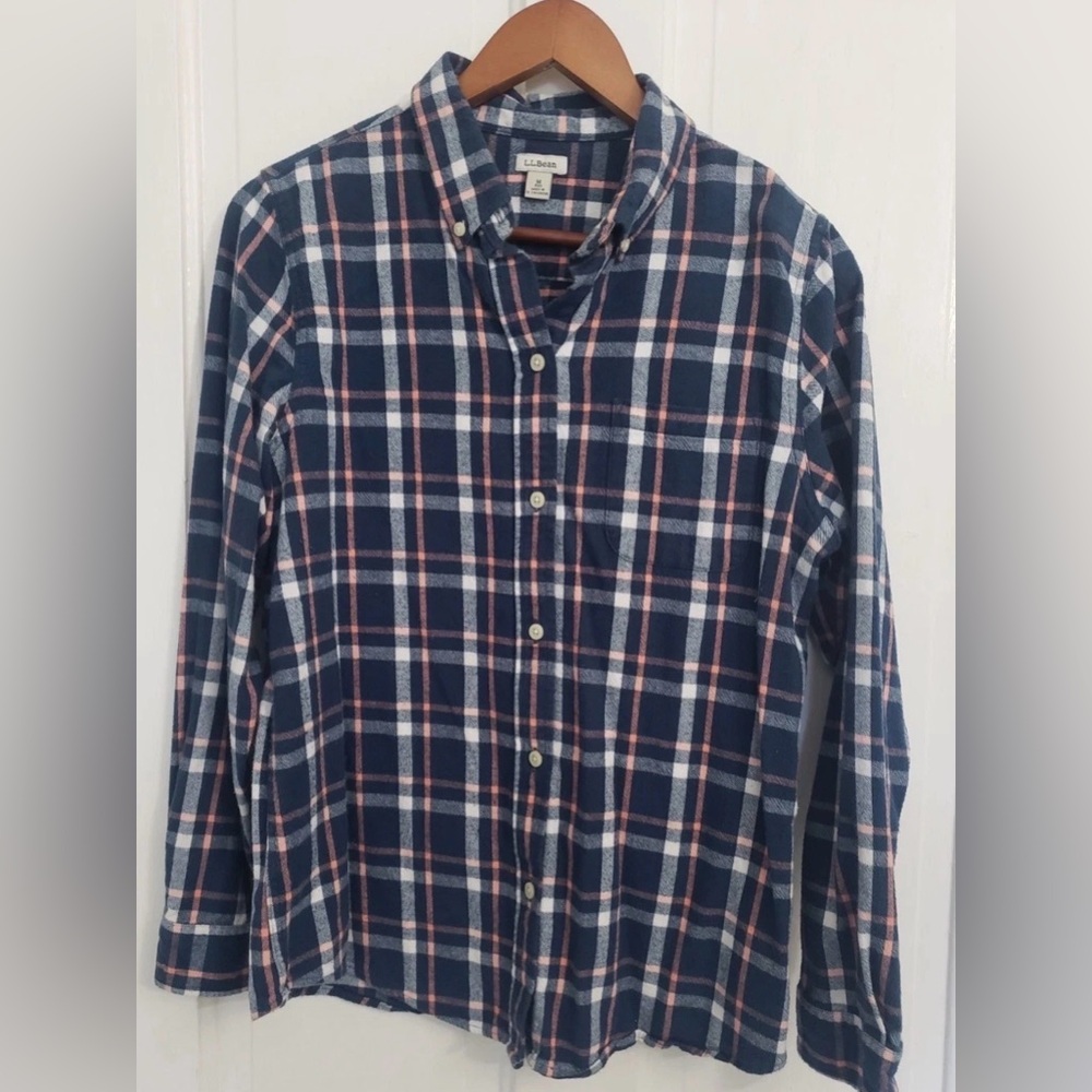 L.L. Bean Navy, Pink & White Plaid Flannel Button-Down Shirt